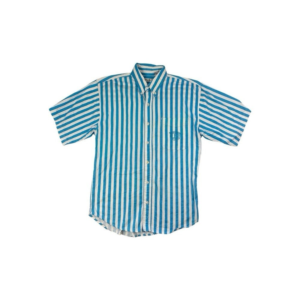 Vintage 90s Blue and White Striped Bugle Boy Men’s Short Sleeve Shirt Medium - Picture 1 of 6
